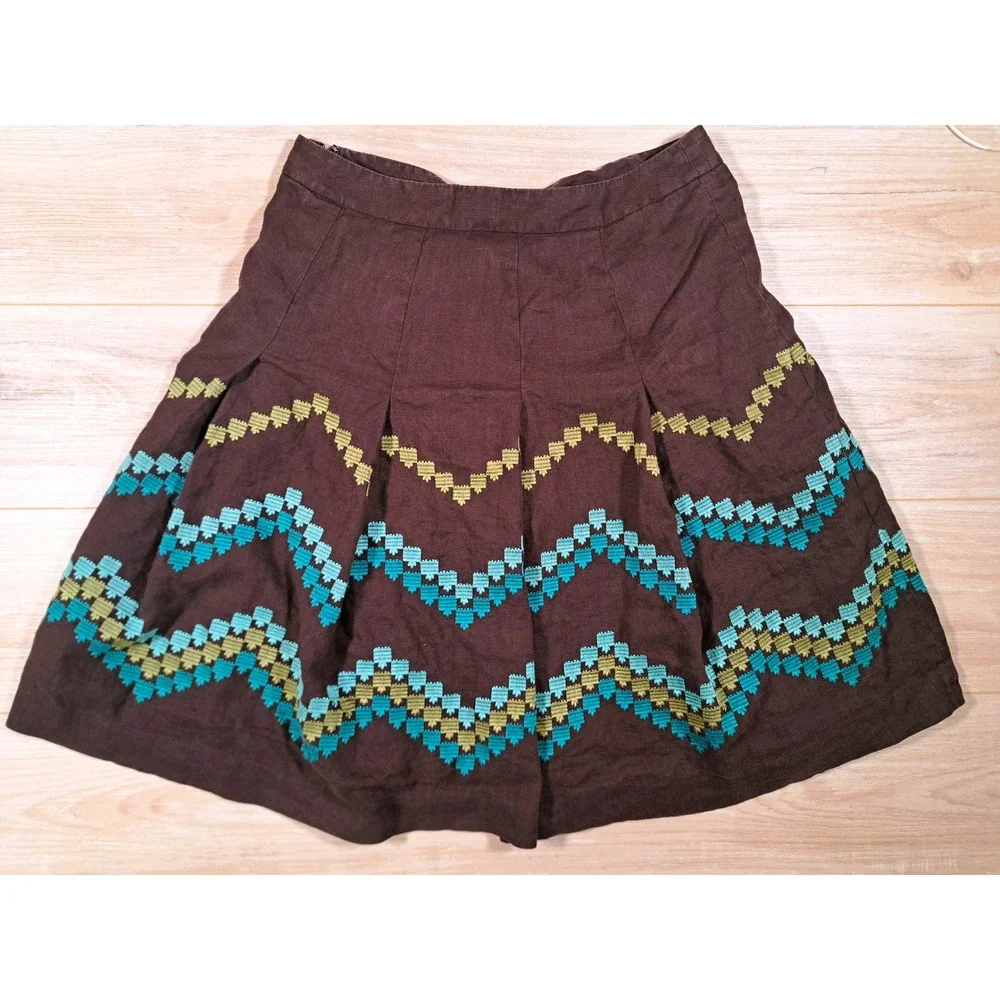 Ann Taylor Loft Brown Linen Embroidered Chevron A-Line‎ Boho Teal Skirt Size 8